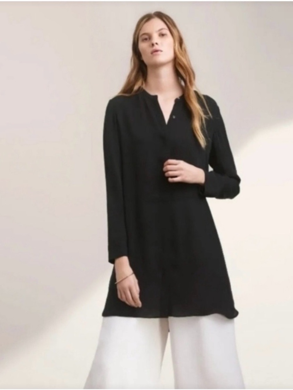 Wilfred Aritzia Bossut 100% Silk Black Shirt Dress XXS Band Collar Long Sleeve
